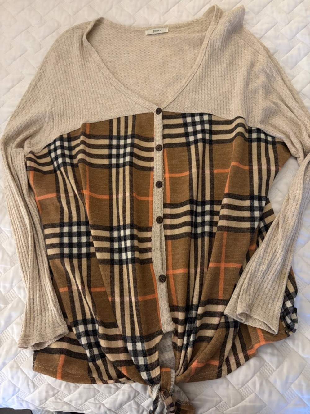 JODIFL Beige and Brown Plaid Button-Front Knit Top